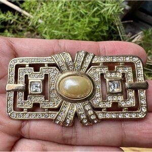 VTG Art Deco MCM Brooch 2.5" Faux Pearl Rhinestones Gold PlatedOrnate‎ Geometric